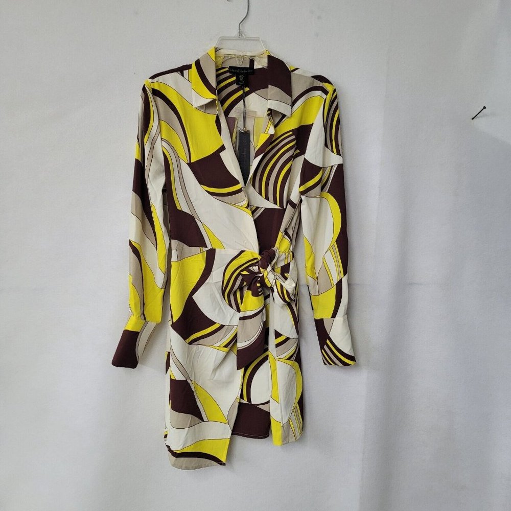 House of Harlow 1960 Yellow Brown White Long Sleeve Wrap Dress